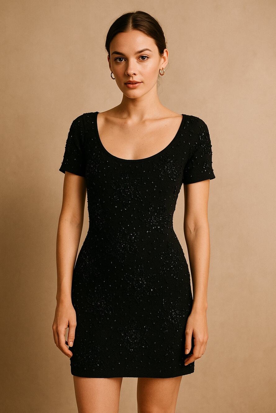 Vivienne Tam VTG 90s Holiday Whimisigoth Black Beaded Knit Bodycon Dress 1